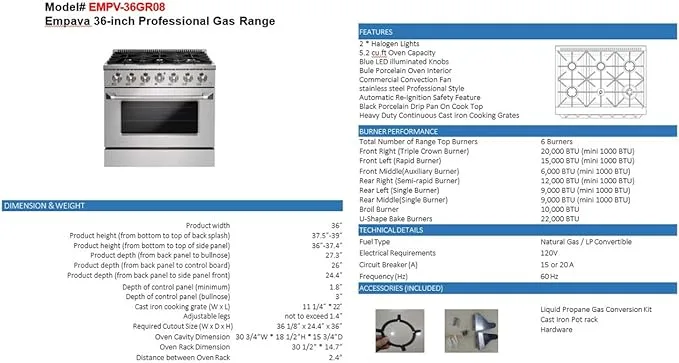 The stainless steel gas range has a bright blue interior, and the temperature can be set from 150°F to 500°F to help you cook perfectly and accurately.